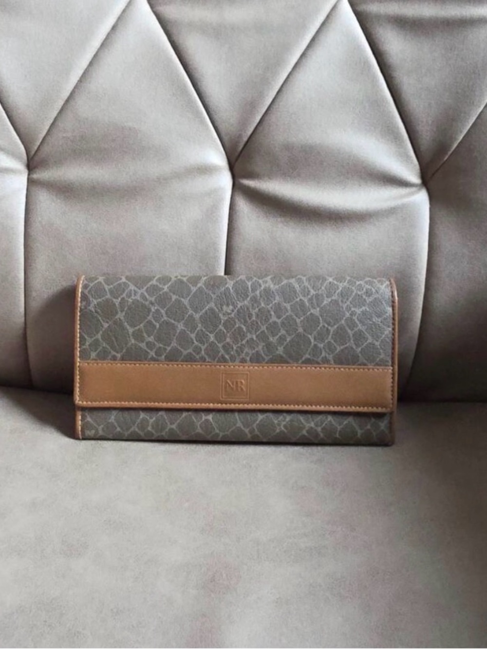 Nina Ricci Monogram and Tan Leather Trim Clutch Wallet